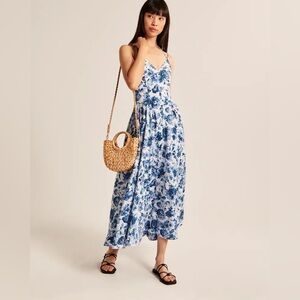 Abercrombie & Fitch Blue White Floral Maxi Dress Lined Adjustable Straps Size S